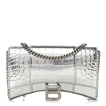 Balenciaga Metallic Calfskin Crocodile Embossed Hourglass Chain Bag Silver 1 of 8
