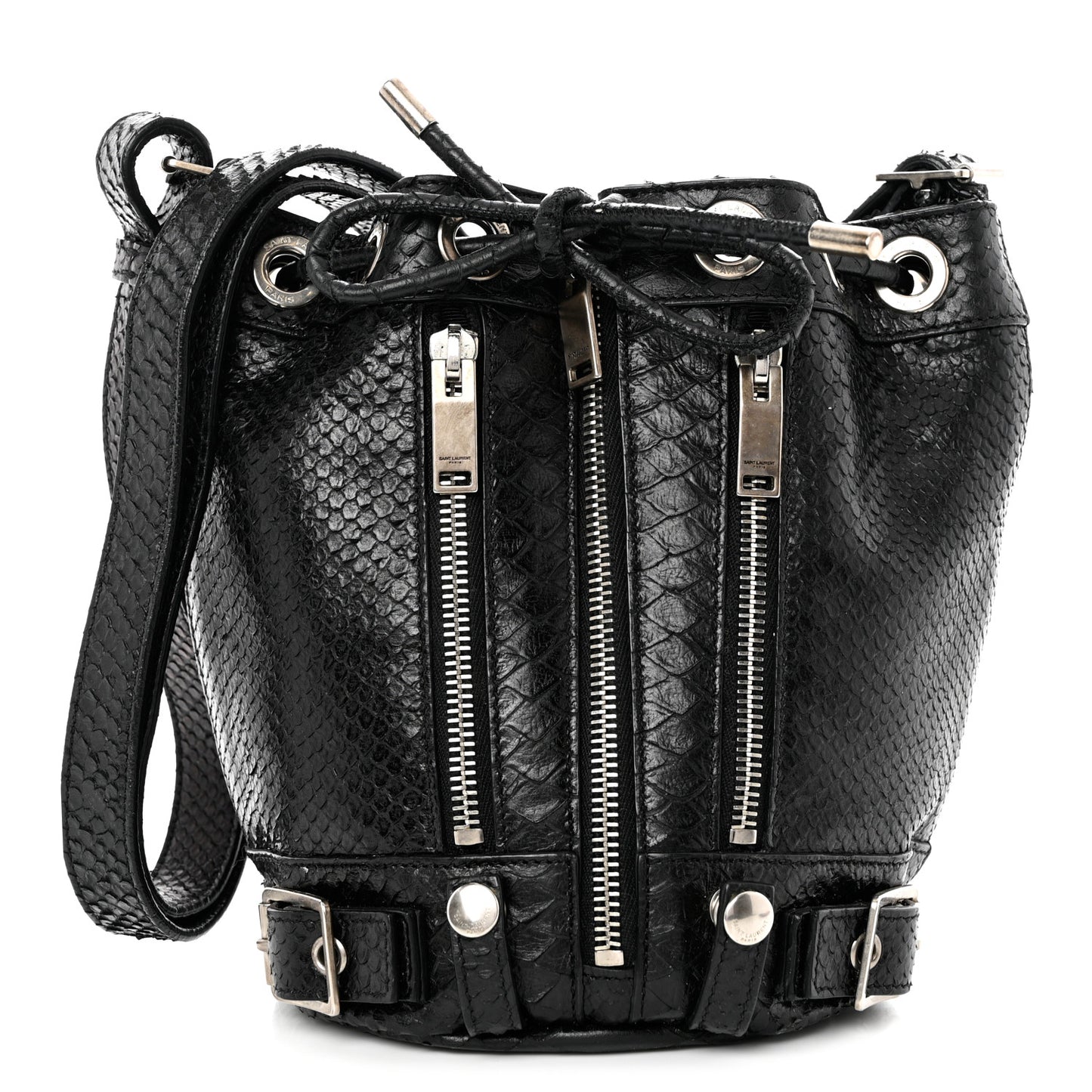 Calfskin Snakeskin Embossed Small Rider Bucket Bag Black