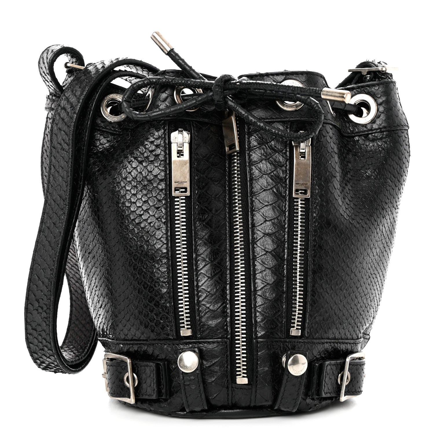 Saint Laurent Calfskin Snakeskin Embossed Small Rider Bucket Bag Black 1 of 8