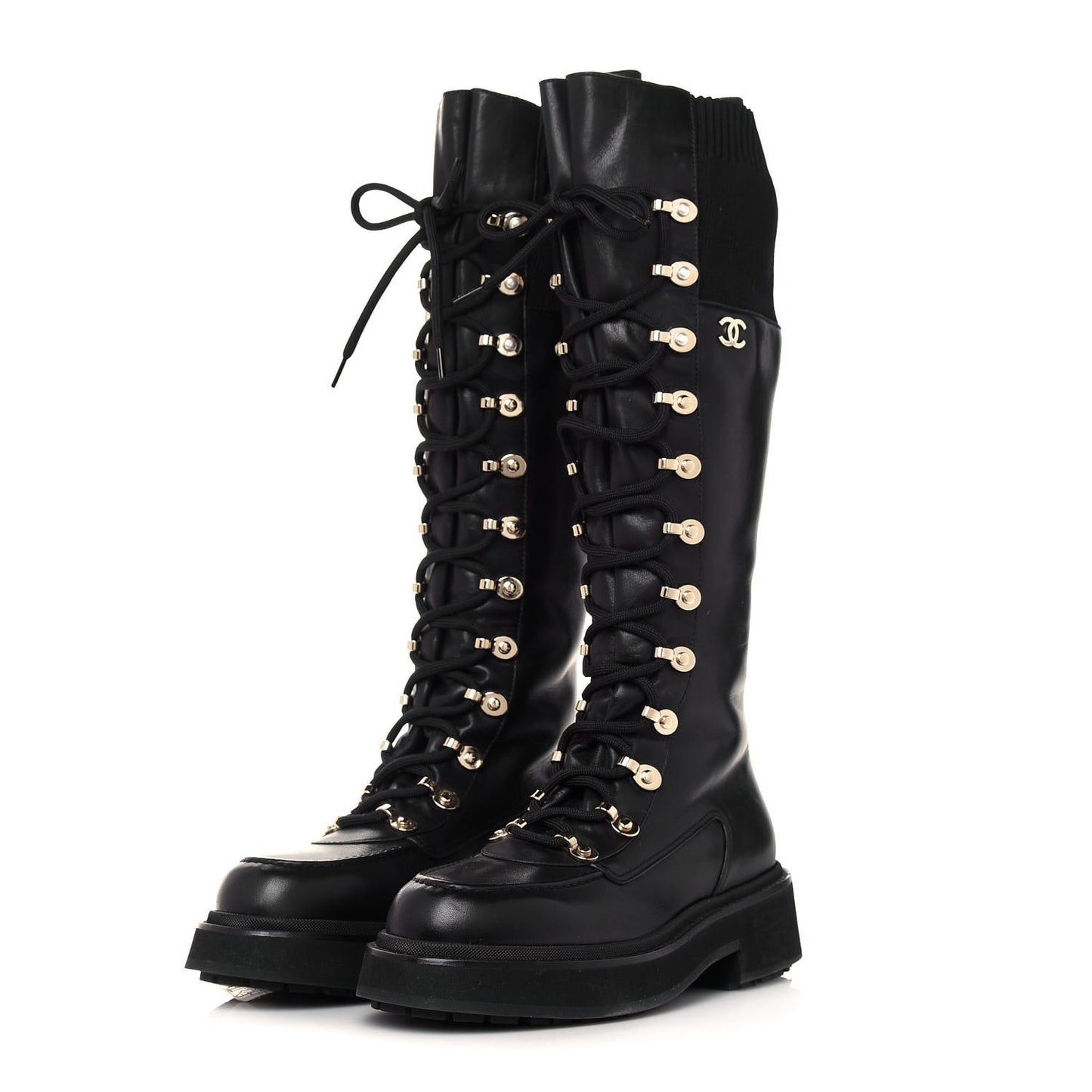 Calfskin Knit Lace Up Combat Boots 38 Black