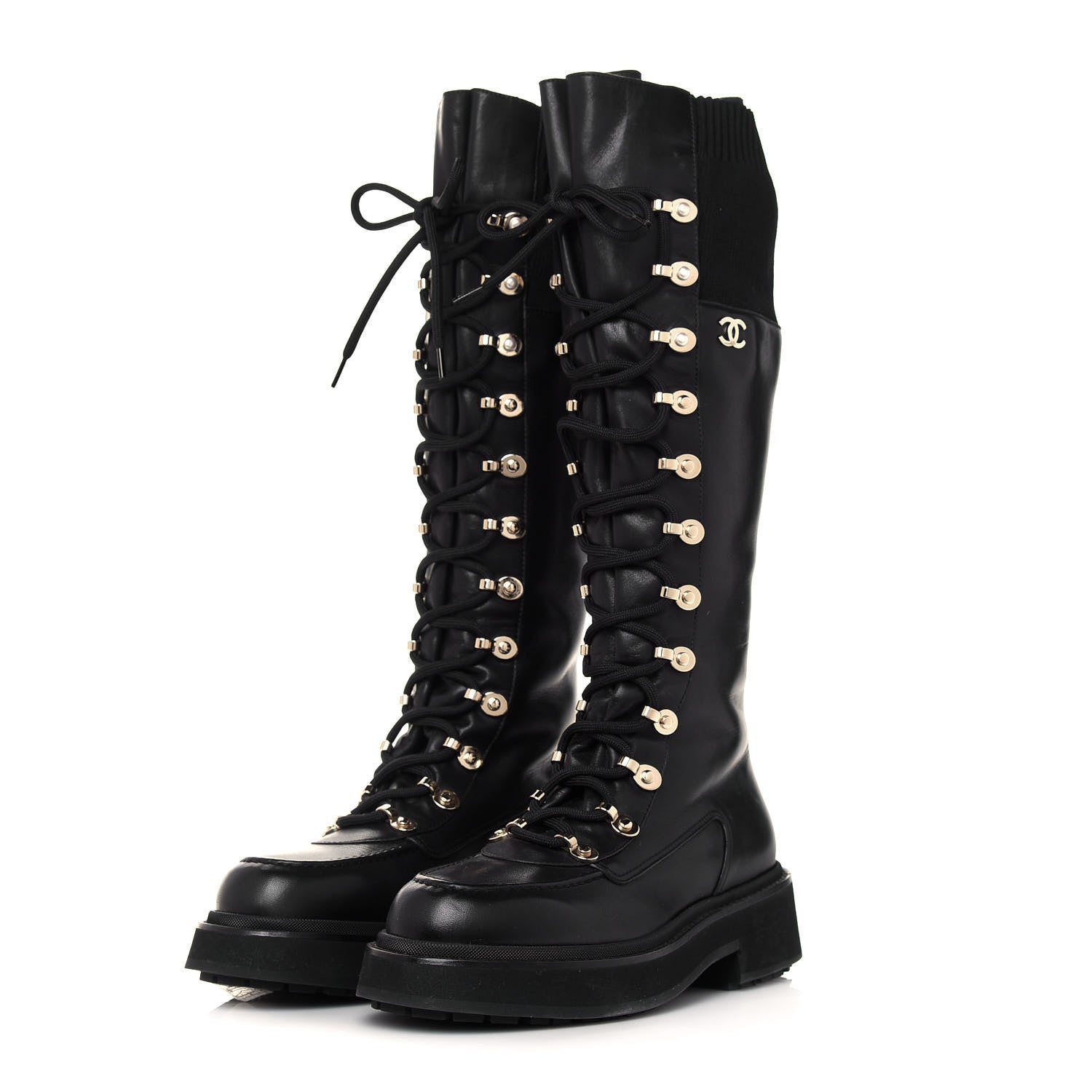 Chanel Calfskin Knit Lace Up Combat Boots 38 Black 3 of 8