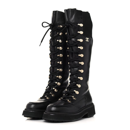 Chanel Calfskin Knit Lace Up Combat Boots 38 Black 3 of 8