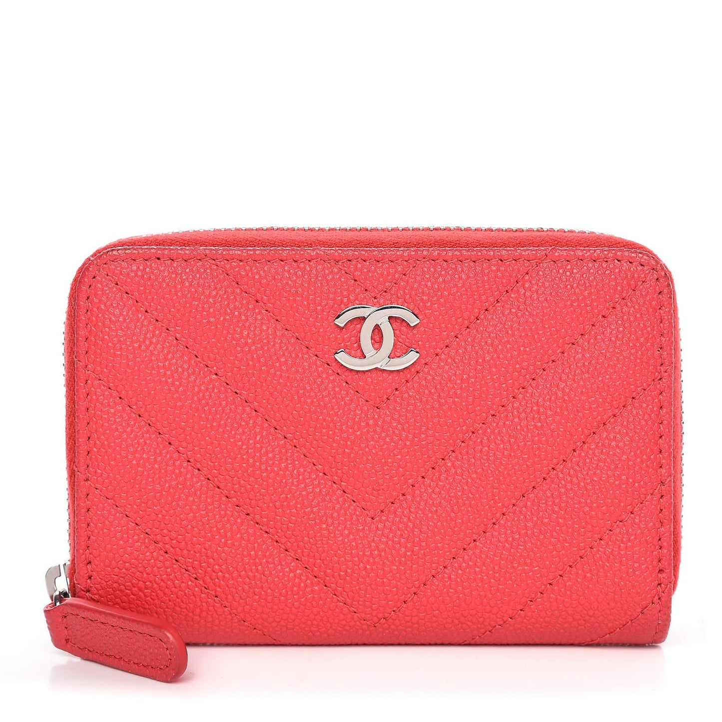 Caviar Chevron Quilted Zip Coin Purse Light Red
