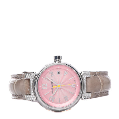 Louis Vuitton Stainless Steel Alligator Diamond 28mm Tambour Quartz Watch 3 of 9