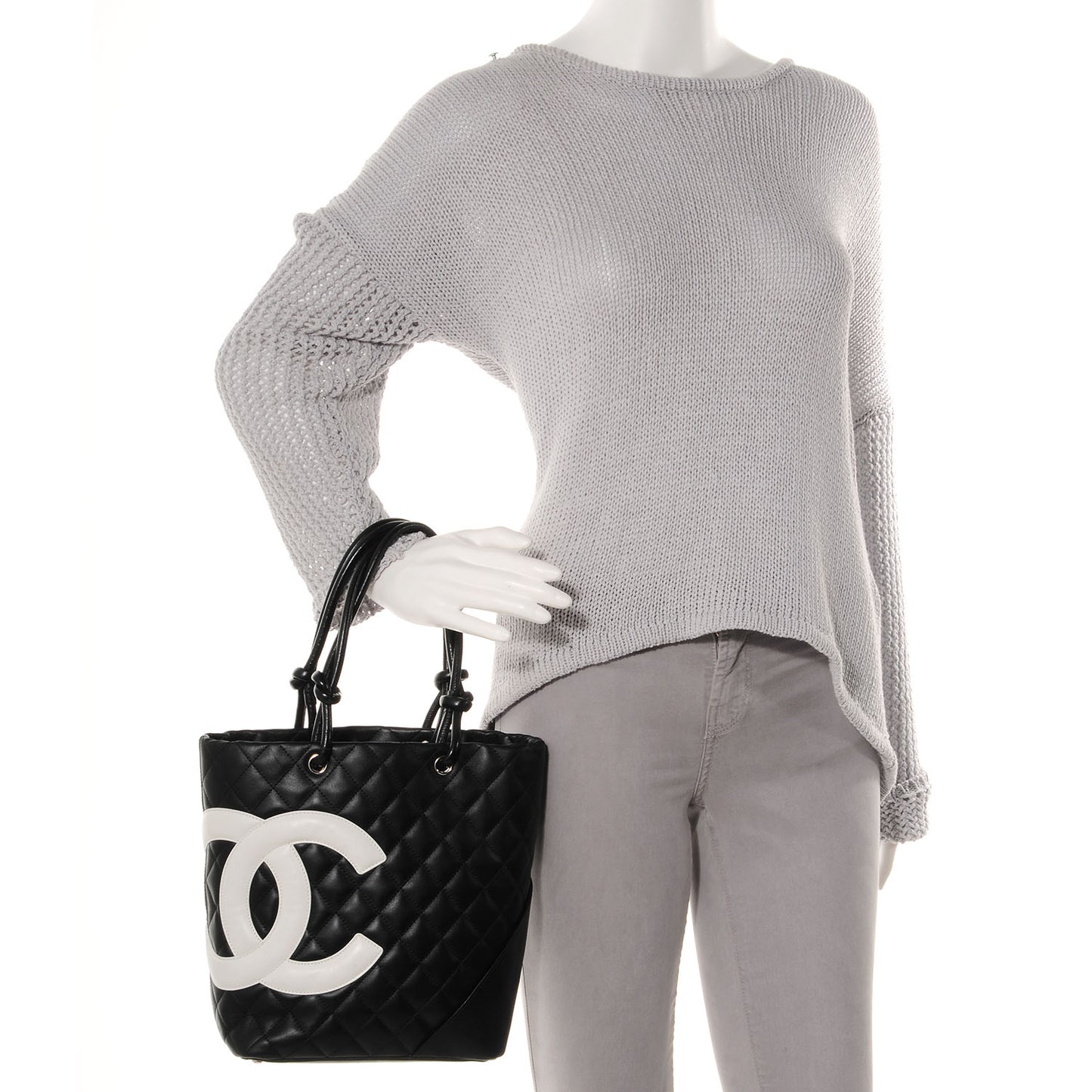 Calfskin Quilted Medium Cambon Tote Black White