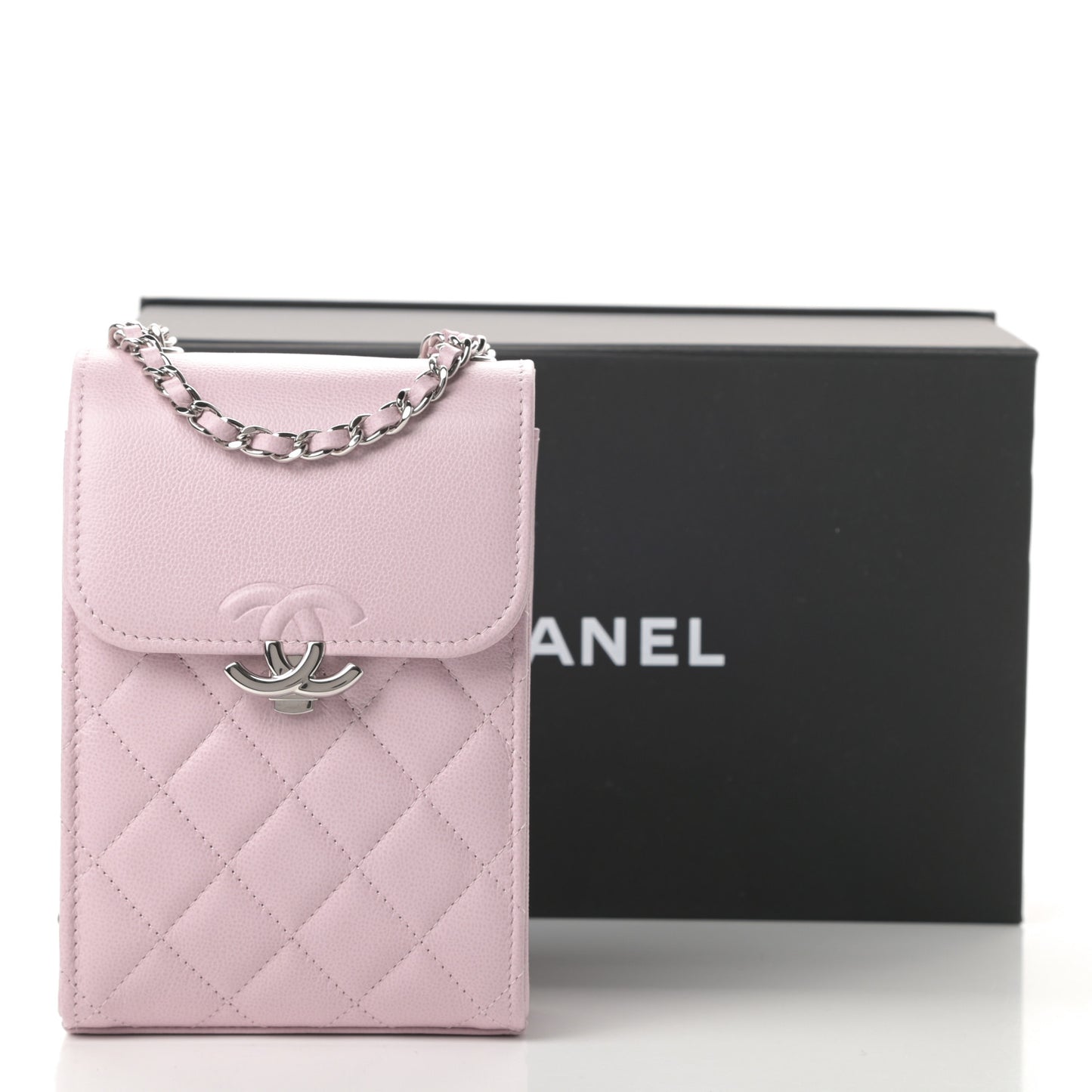 Grained Calfskin Quilted CC Box Clutch With Chain Rose
