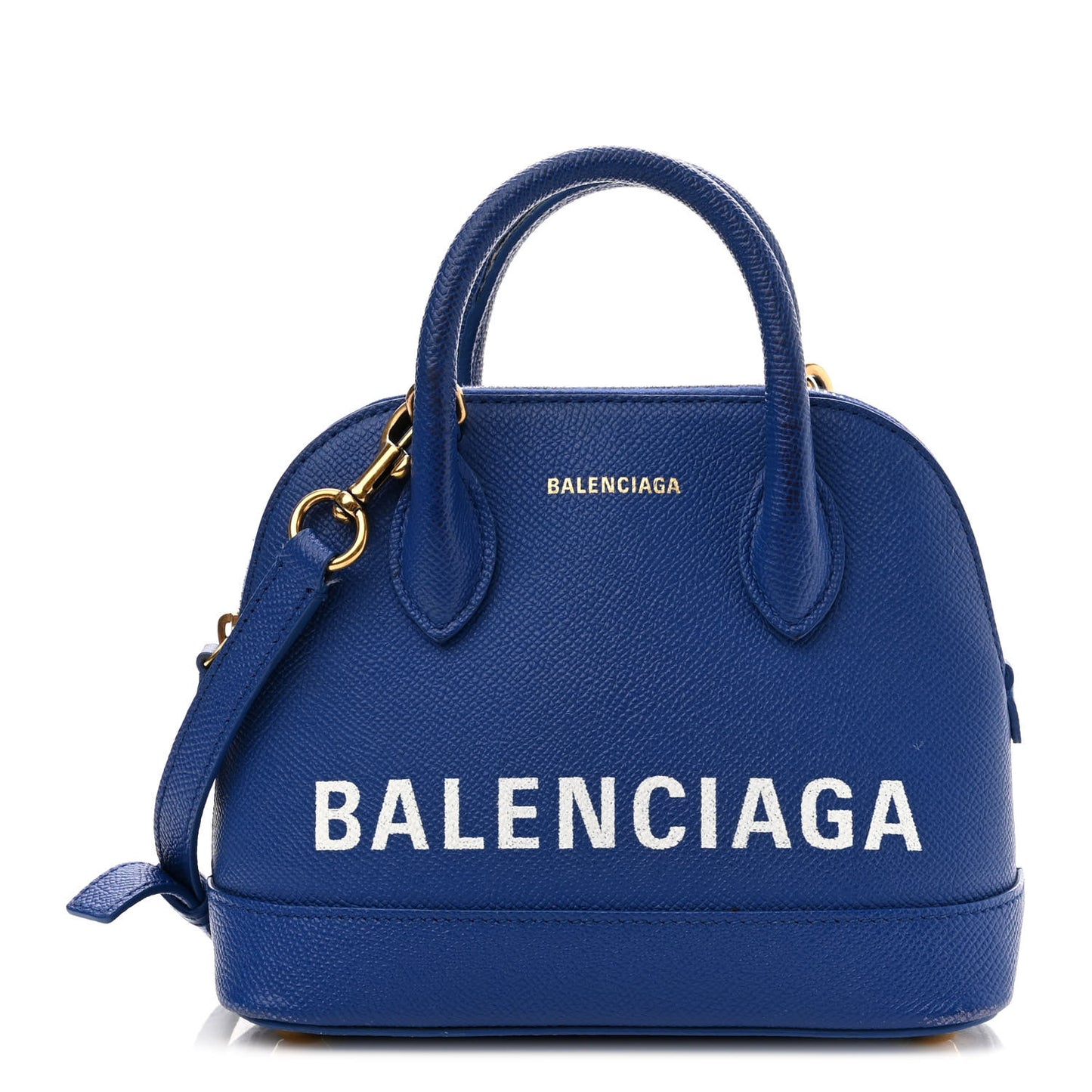 Signature Grained Calfskin Logo S Ville Top Handle Bag Bleu Roi White