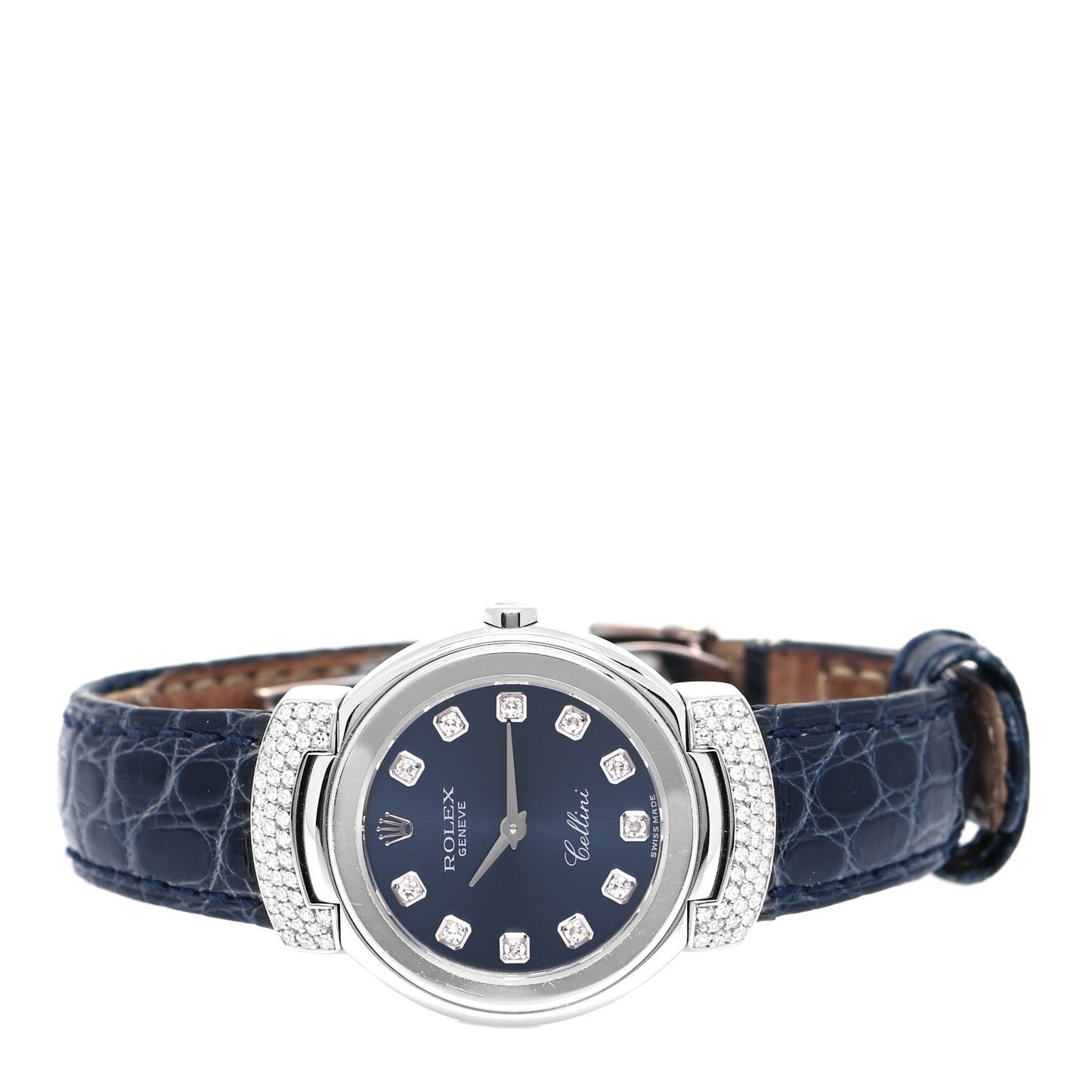 18K White Gold Alligator Diamond 26mm Cellini Quartz Watch Blue 6672