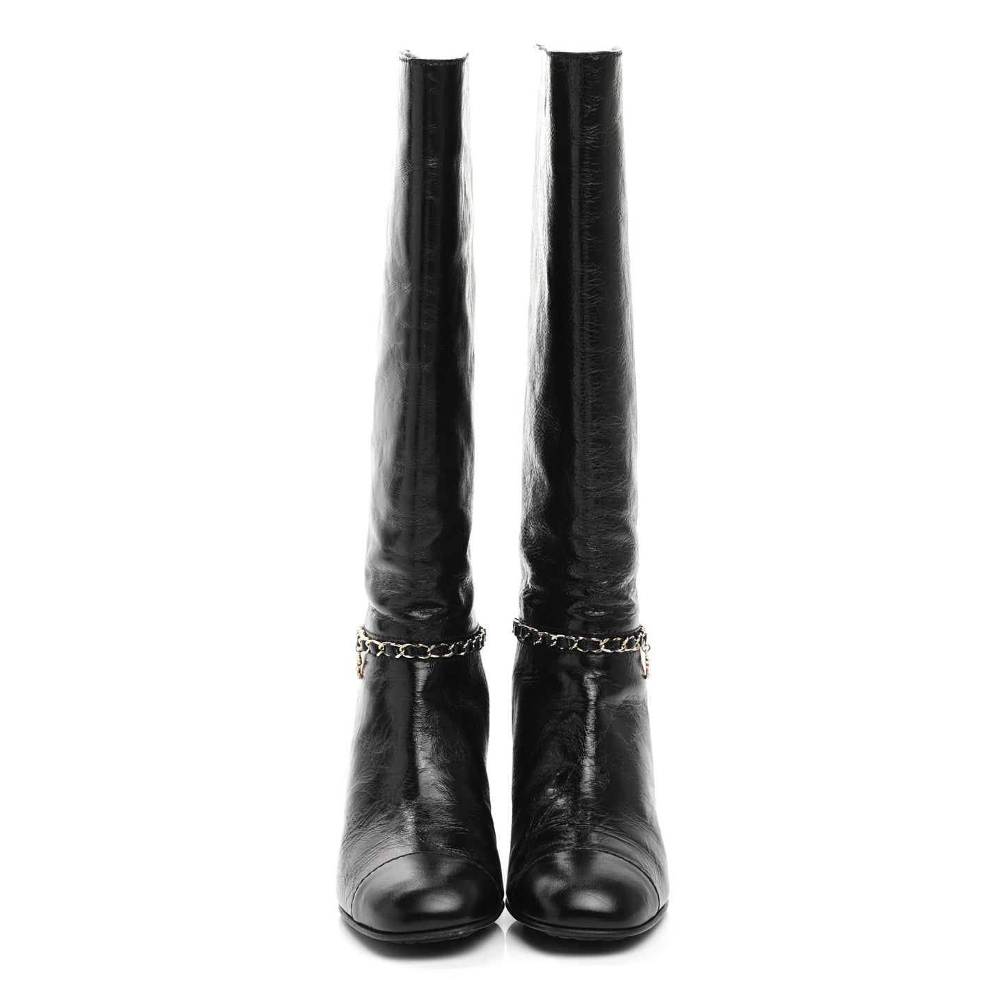 Crumpled Calfskin Cap Toe Chain Boots 38 Black