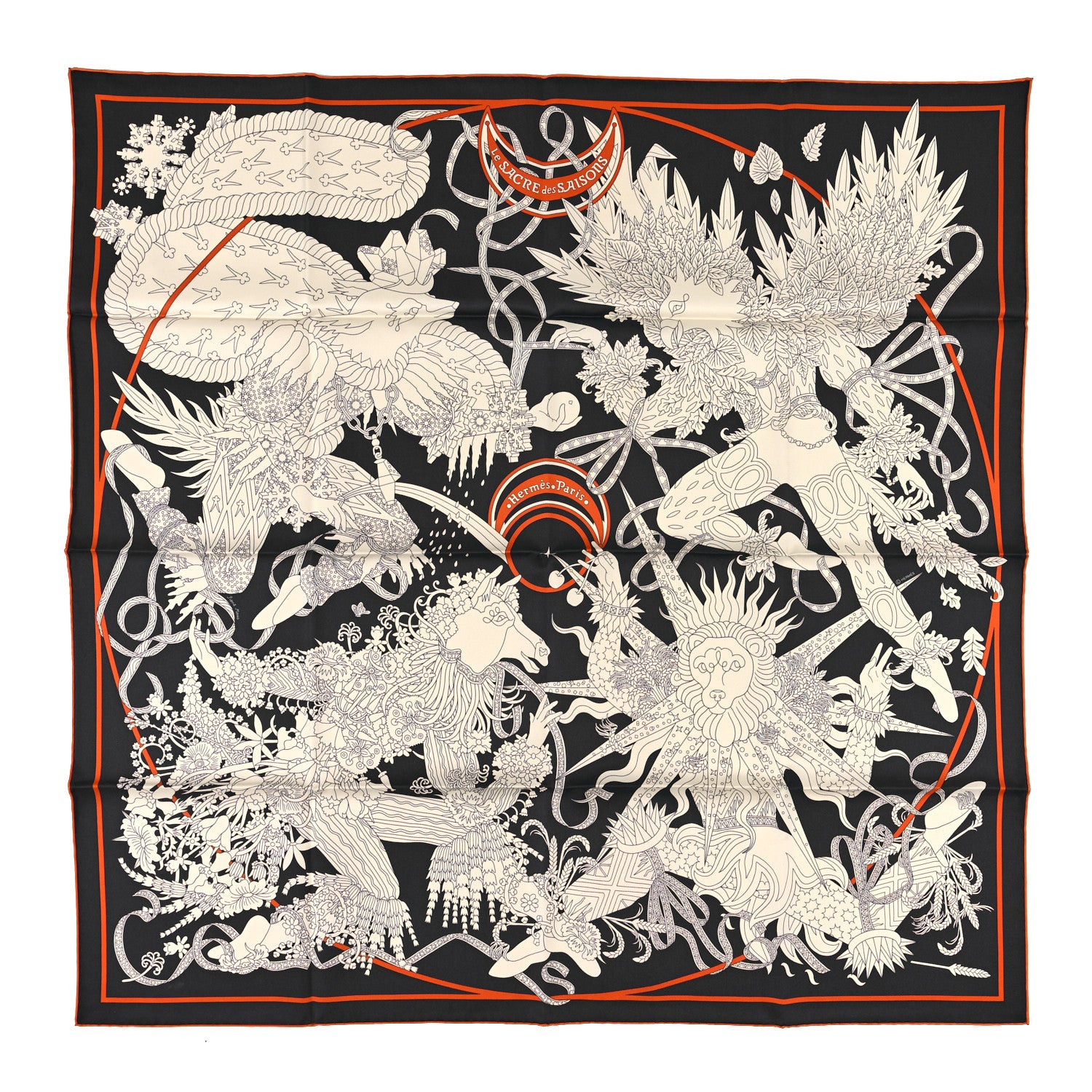 Hermes Silk Le Sacre Des Saisons Scarf 90 Bleu Black Creme 1 of 5