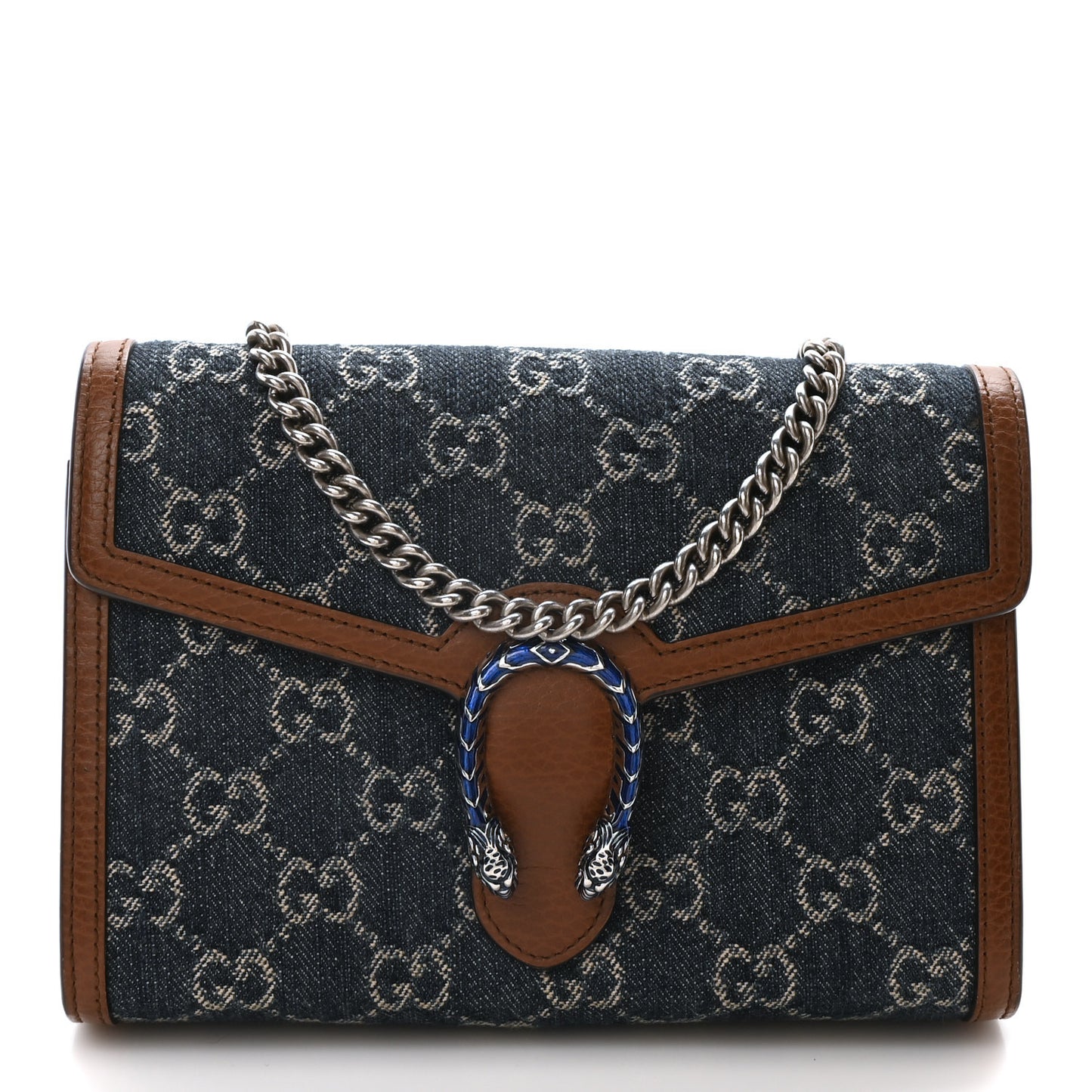 New Denim GG Monogram Dollar Calfskin Enamel Mini Dionysus Chain Wallet Blue Tea Cuir Epilog Electric Blue