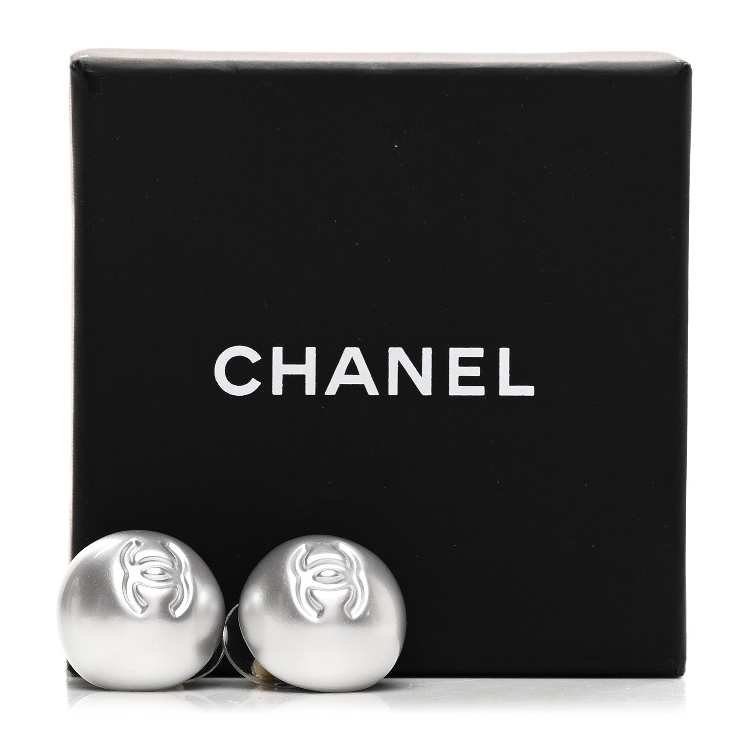 Chanel Resin Metal CC Stud Earrings Silver Pearly White 5 of 5