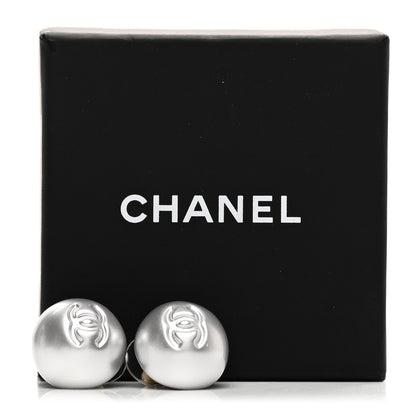 Chanel Resin Metal CC Stud Earrings Silver Pearly White 5 of 5