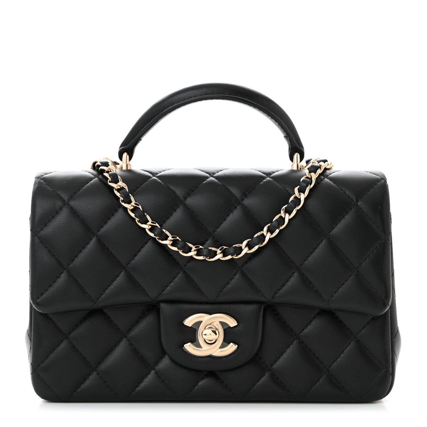 Lambskin Quilted Mini Top Handle Rectangular Flap Black