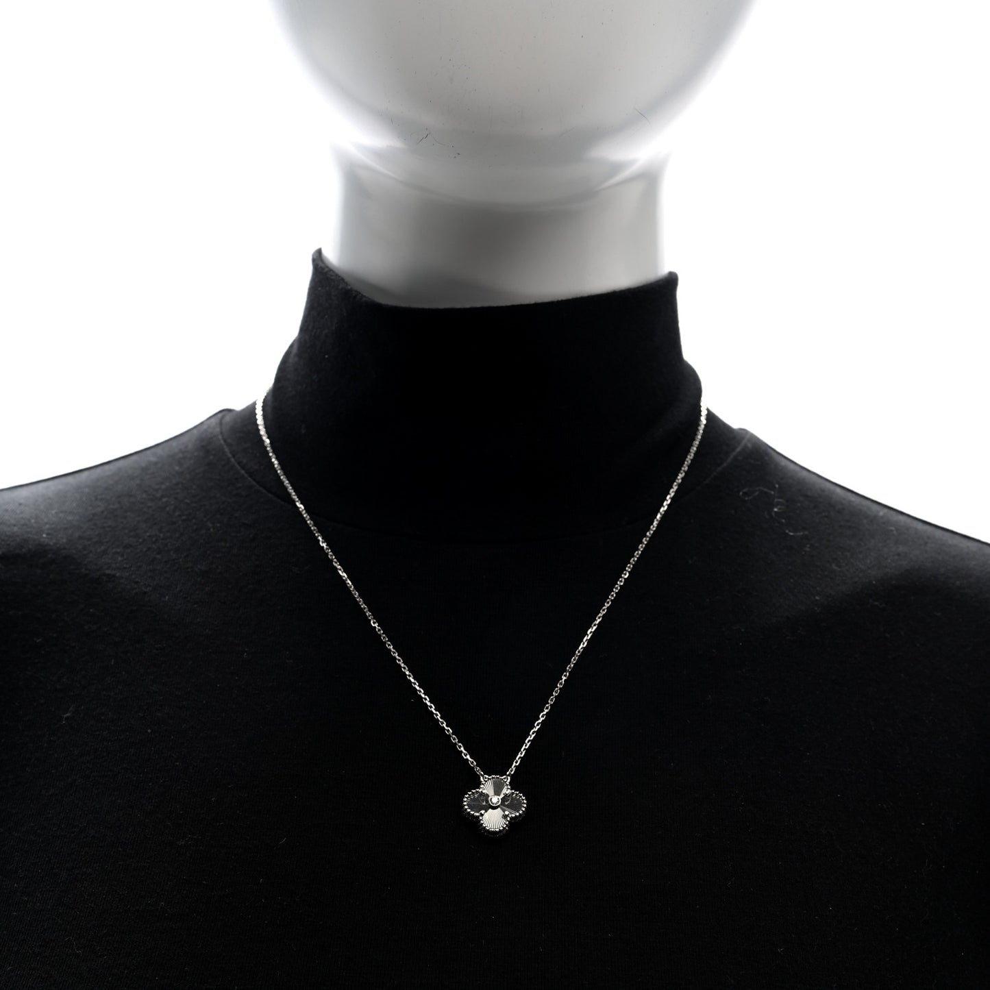 18K White Gold Diamond Guilloche Vintage Alhambra Pendant Necklace