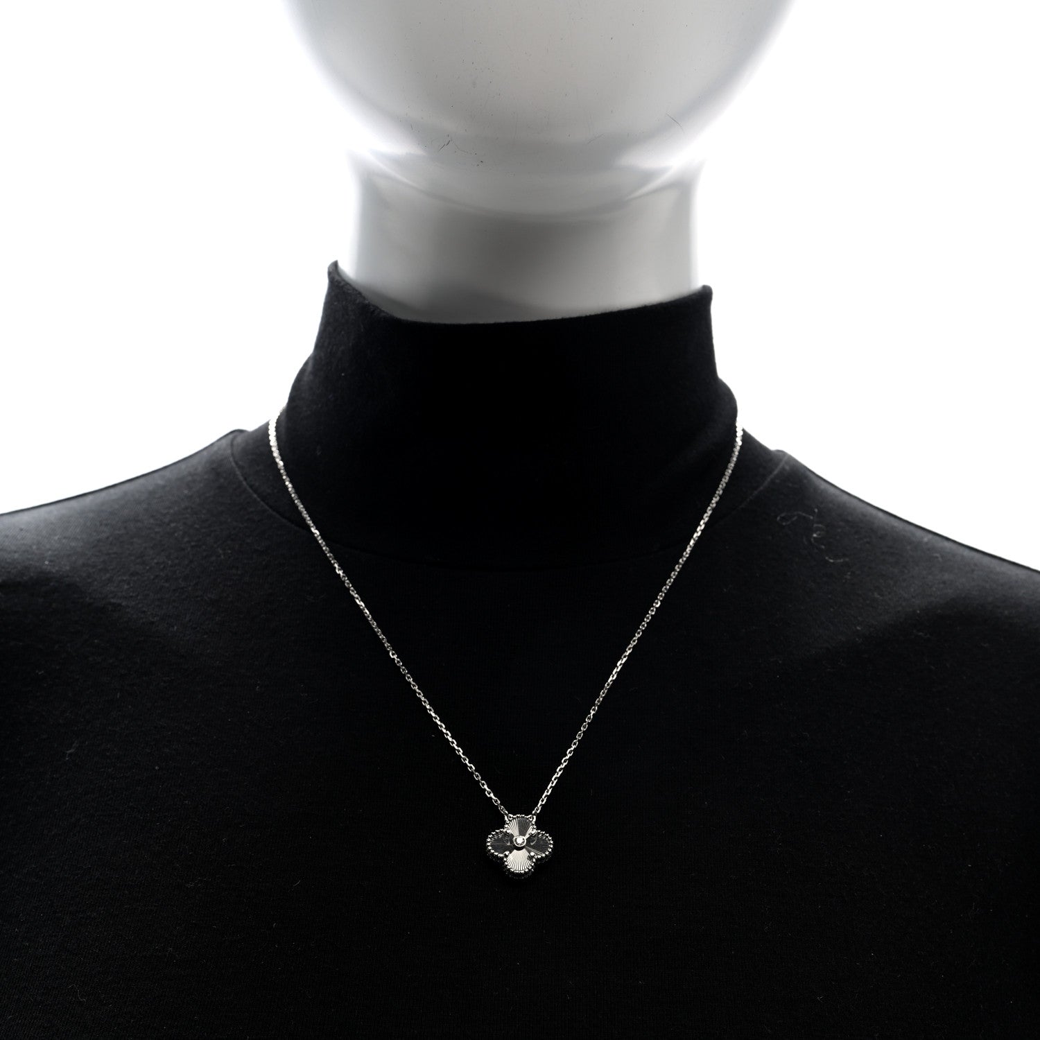 Van Cleef & Arpels 18K White Gold Diamond Guilloche Vintage Alhambra Pendant Necklace 2 of 5