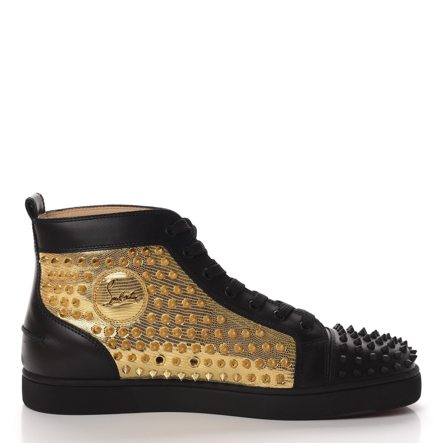 Christian Louboutin Calfskin Laminato Dino Spikes Yang Louis Flat Sneakers 46 Black Gold 7 of 10