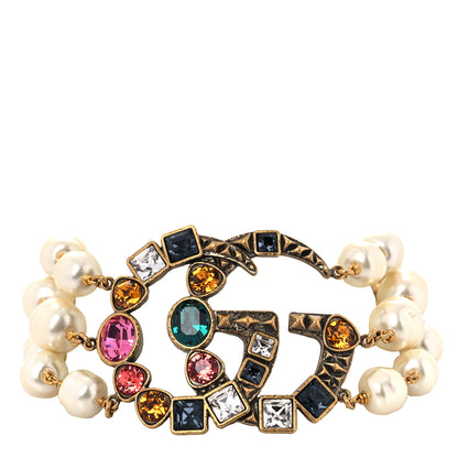 Gucci Metal Crystal Pearl Double G Bracelet Aged Gold Multicolor 1 of 8