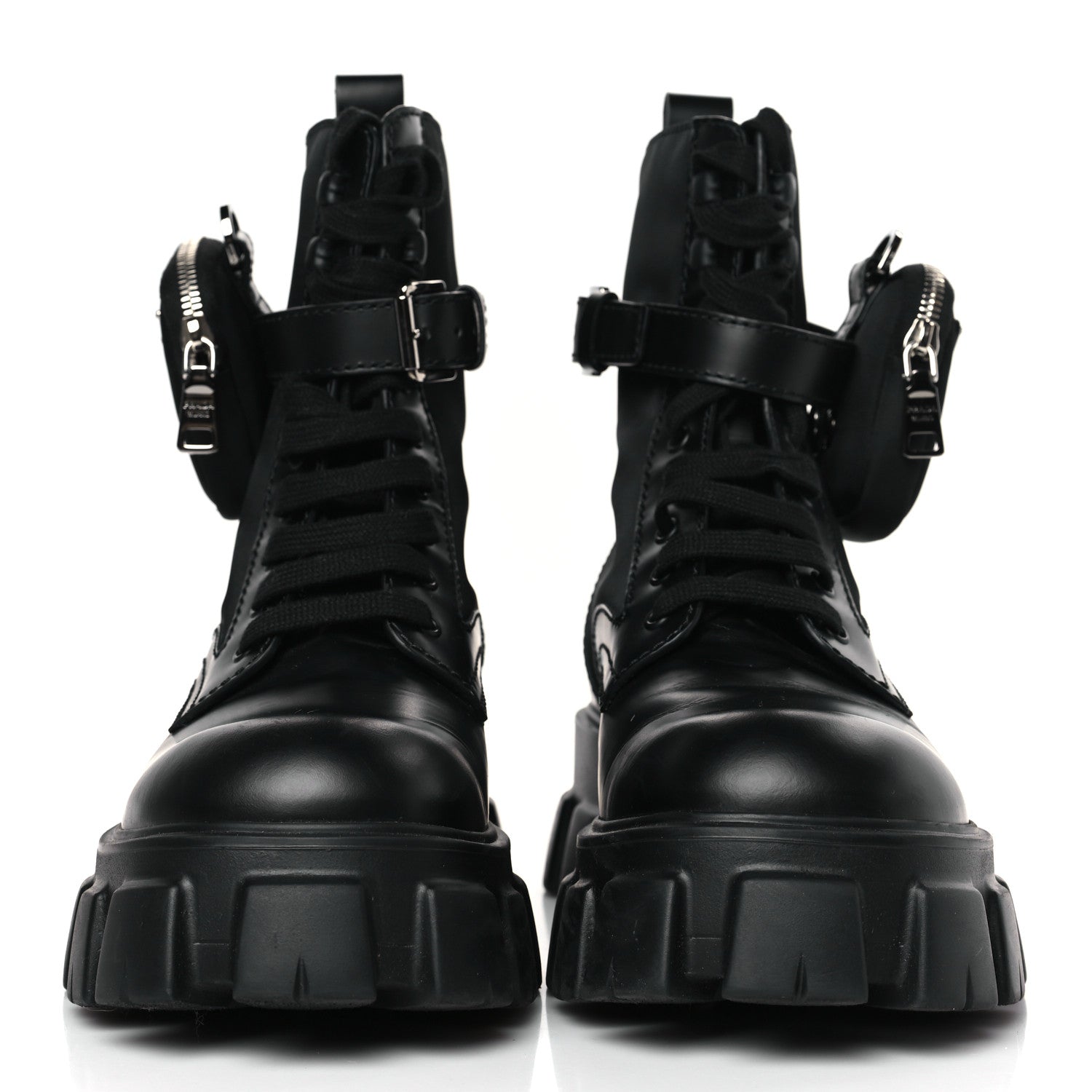 Prada Spazzolato Rois Re-Nylon Metal Triangle Logo Mens Monolith Pouch Pocket 60mm Combat Boots 9.5 Black 2 of 9