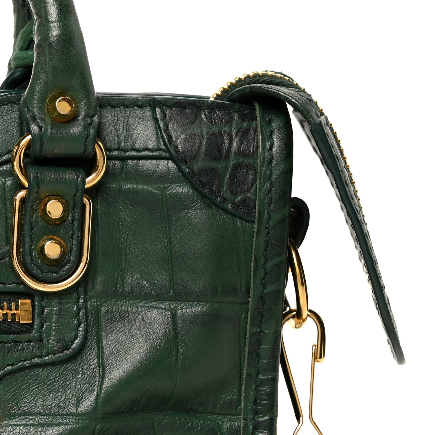 Balenciaga Shiny Supple Calfskin Crocodile Embossed Gold Metallic Edge Hardware Nano City Green 10 of 12