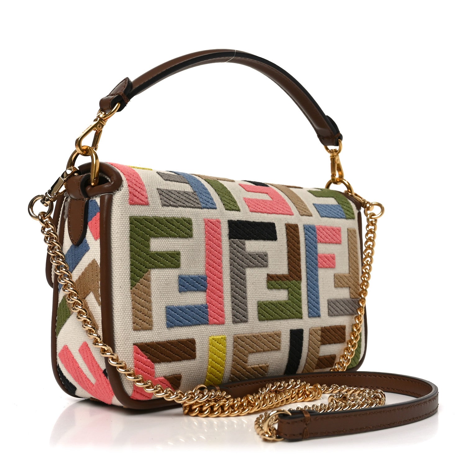 Fendi マルチカラー バケットバッグ Fendi Canvas Vitello King Seta FF Embroidered Mini Baguette Grezzo