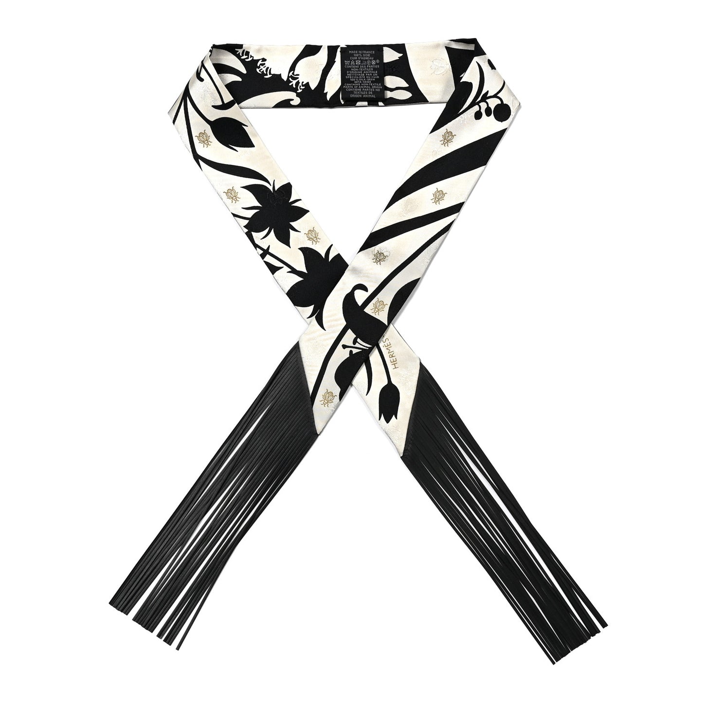 Silk Calfskin Bouquet Final Fringed Twilly Creme Black