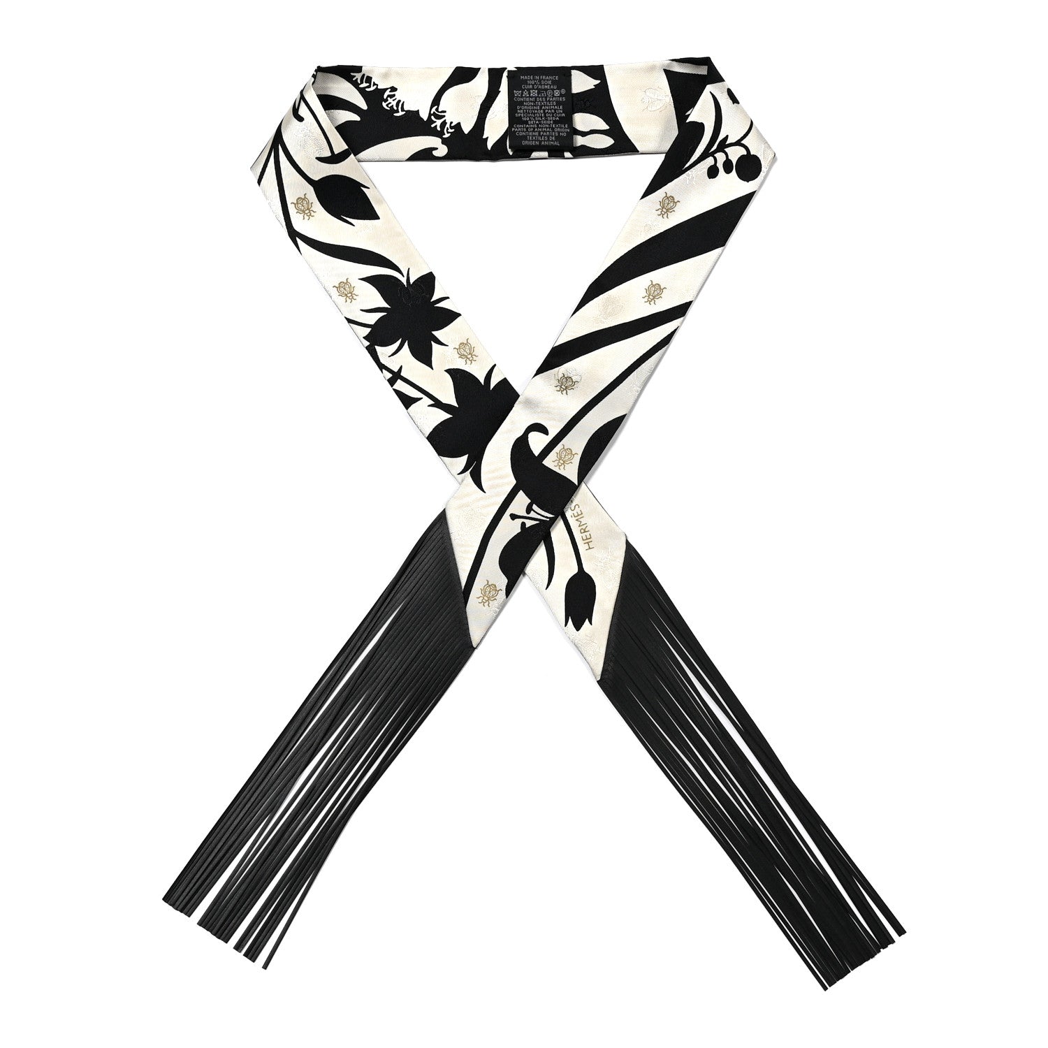 Hermes Silk Calfskin Bouquet Final Fringed Twilly Creme Black 1 of 4