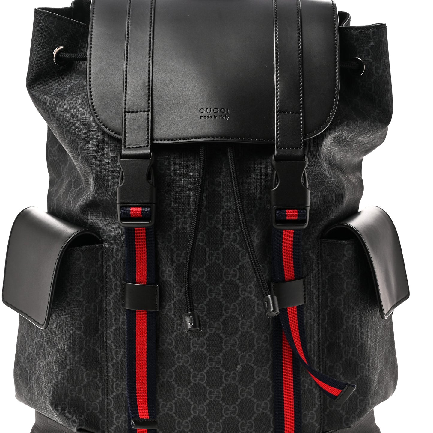 Soft GG Supreme Monogram Calfskin Web Double Buckle Backpack Black
