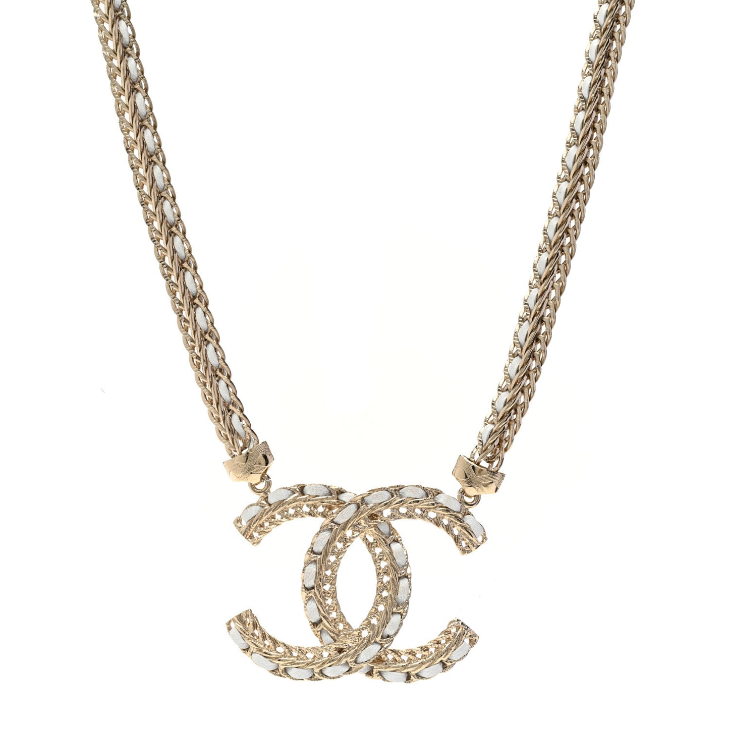 Metal Lambskin CC Chain Necklace Gold White