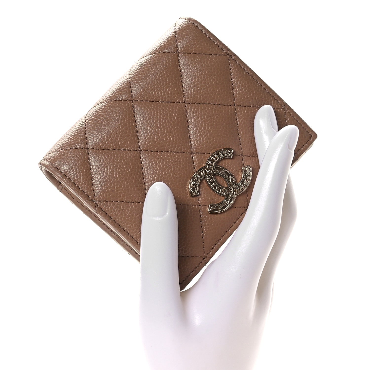 Chanel Caviar Quilted Multi Chain CC Compact Bi-Fold Flap Wallet Beige 2 of 9