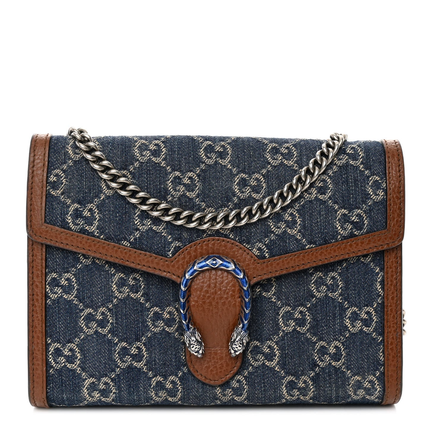 New Denim GG Monogram Dollar Calfskin Enamel Mini Dionysus Chain Wallet Blue Tea Cuir Epilog Electric Blue