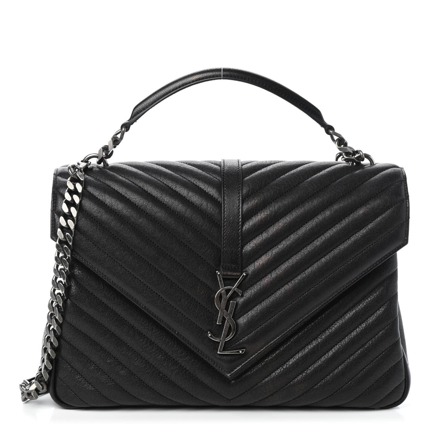 Sheepskin Matelasse Chevron Monogram Monochrome Large College Satchel Black