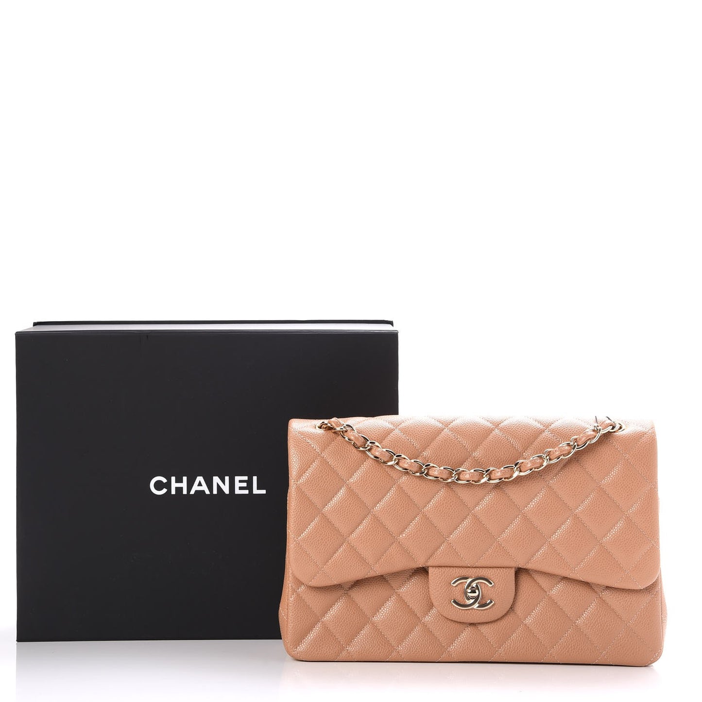 Caviar Quilted Jumbo Double Flap Beige