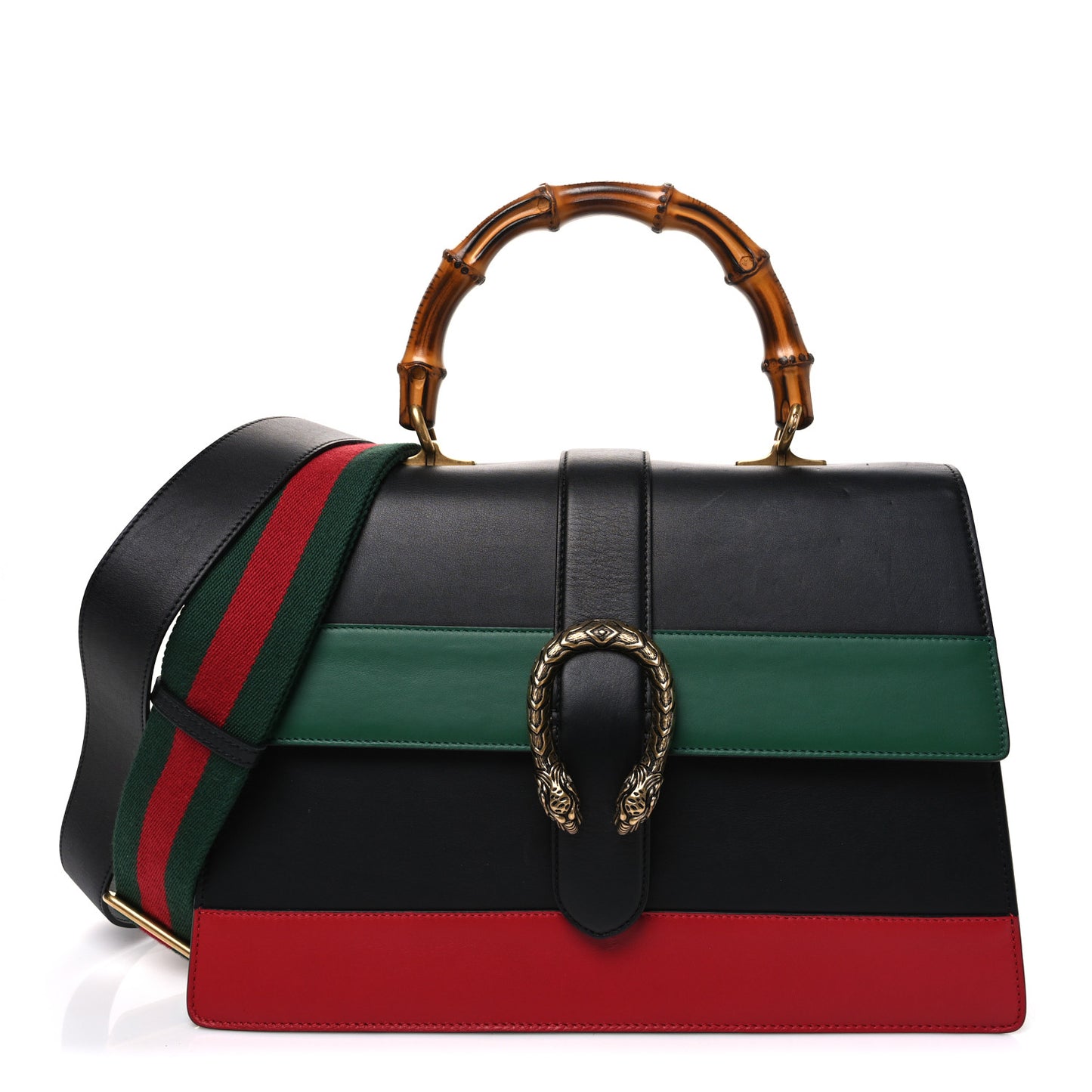 Calfskin Bamboo Web Large Dionysus Top Handle Bag Black Bright Evergreen Hibiscus Red
