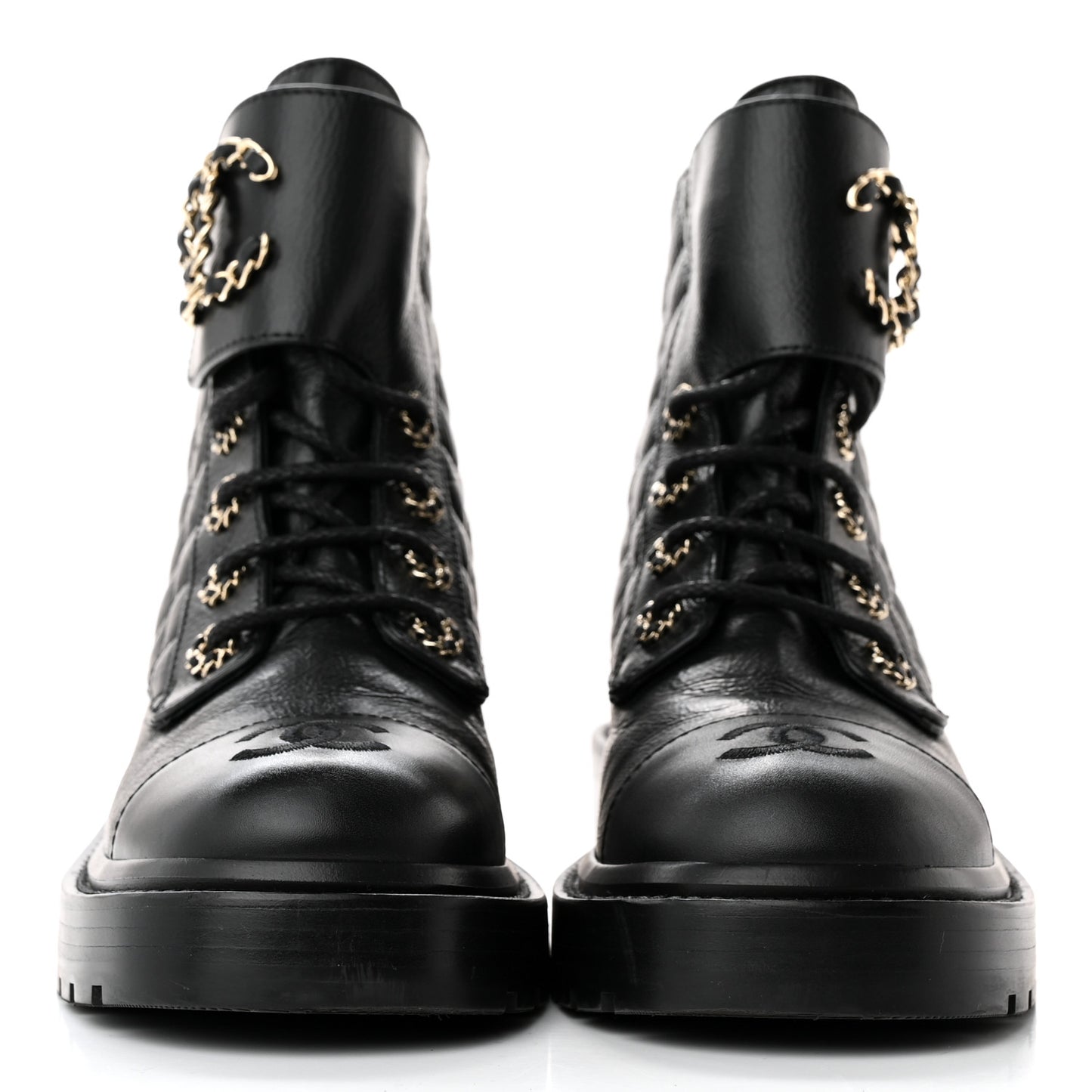 Shiny Goatskin Calfskin Quilted Lace Up Combat Boots 36.5 Black