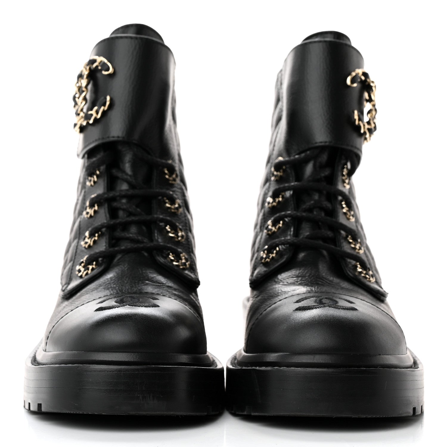 Chanel Shiny Goatskin Calfskin Quilted Lace Up Combat Boots 36.5 Black 2 of 11