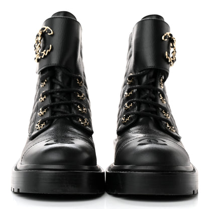 Chanel Shiny Goatskin Calfskin Quilted Lace Up Combat Boots 36.5 Black 2 of 11