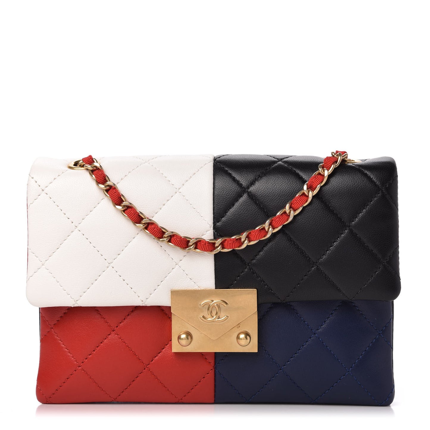 Lambskin Quilted Tri-Color Pagoda Wallet On Chain WOC Red White Blue Black
