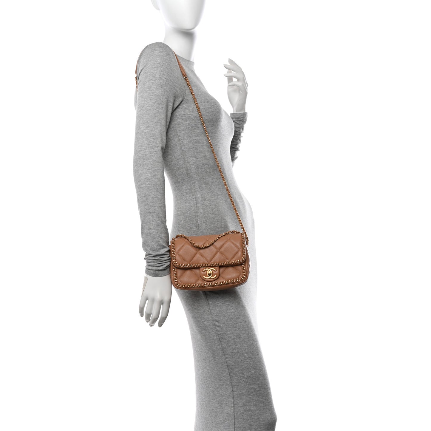 Lambskin Chain Around Top Handle Flap Dark Beige