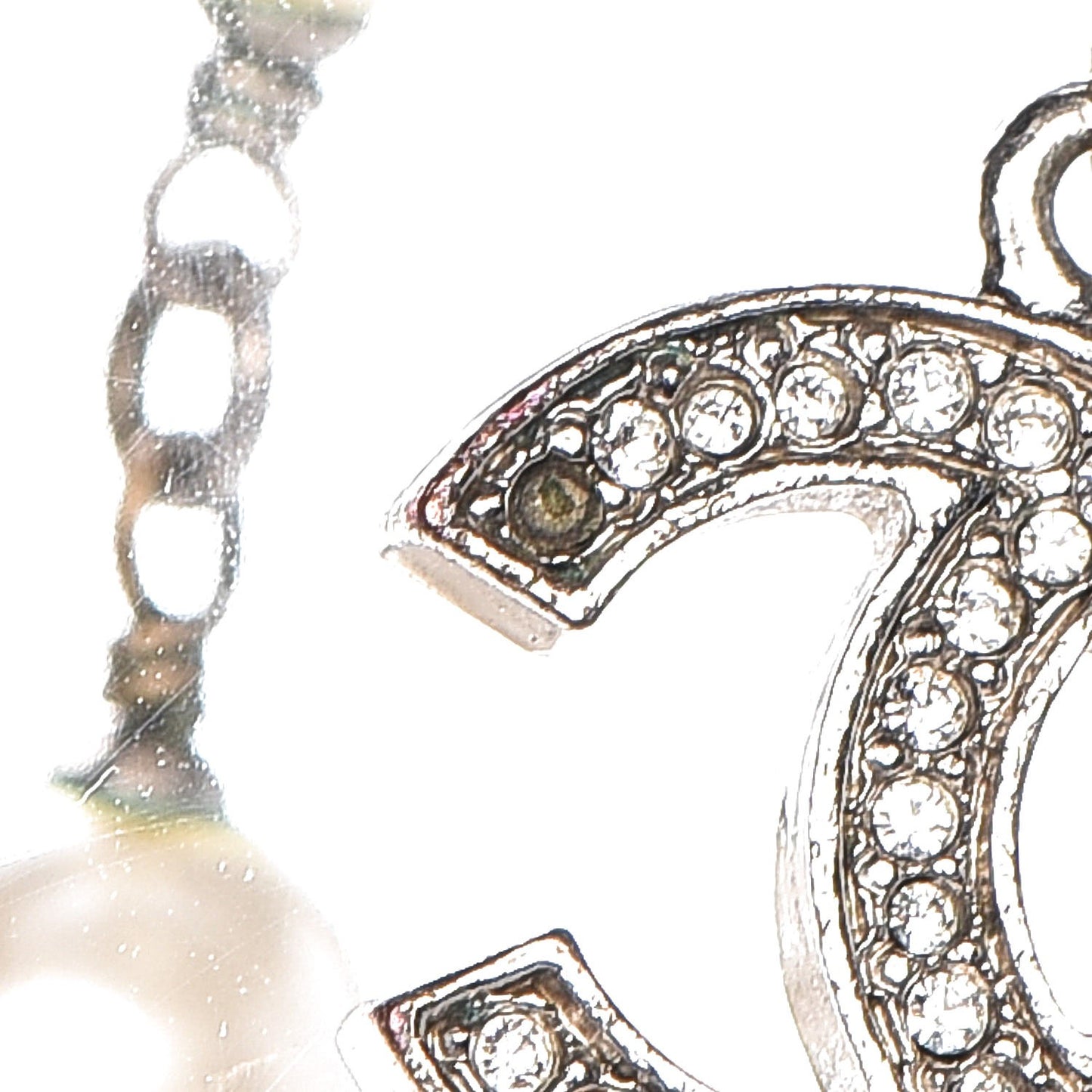 Crystal Pearl CC Long Necklace Silver