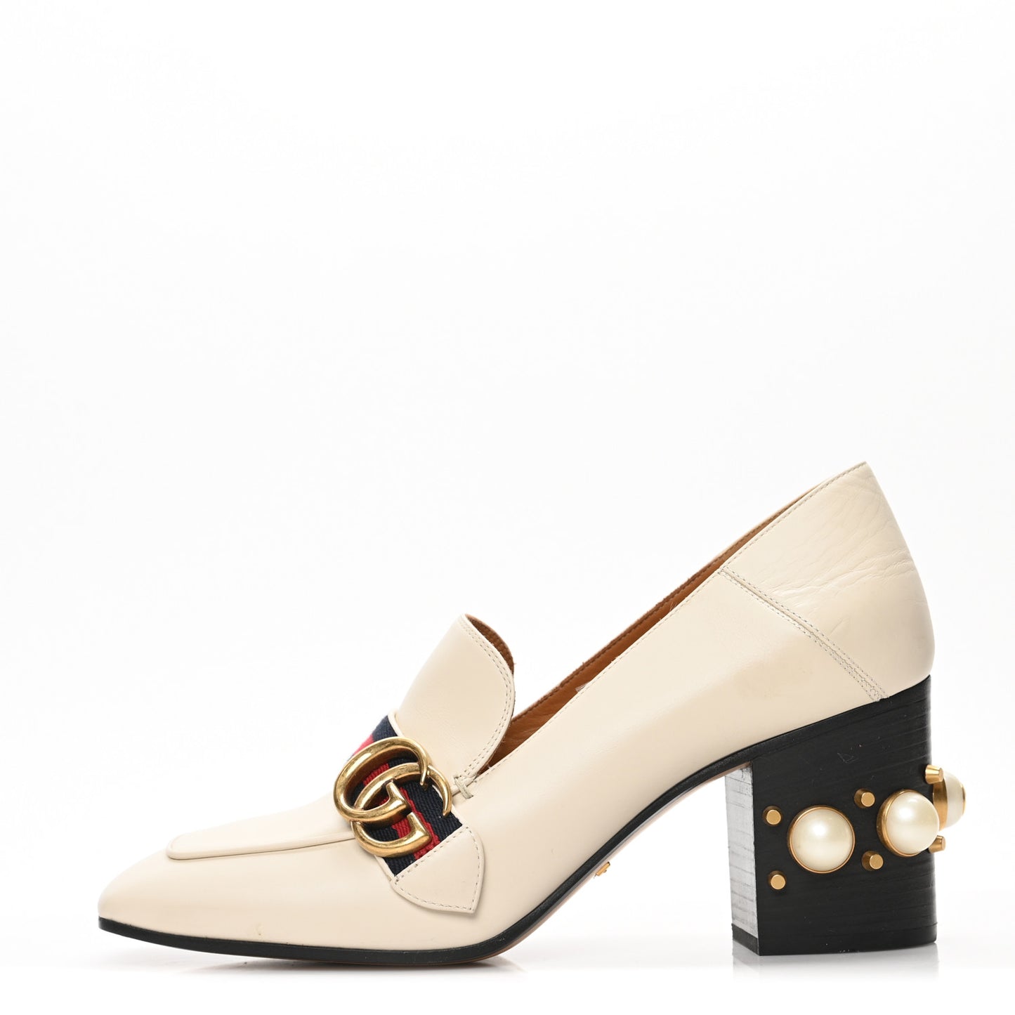 Betis Glamour Calfskin Web Pearl Embellished Peyton 75mm Loafer Pumps 40 Mystic White