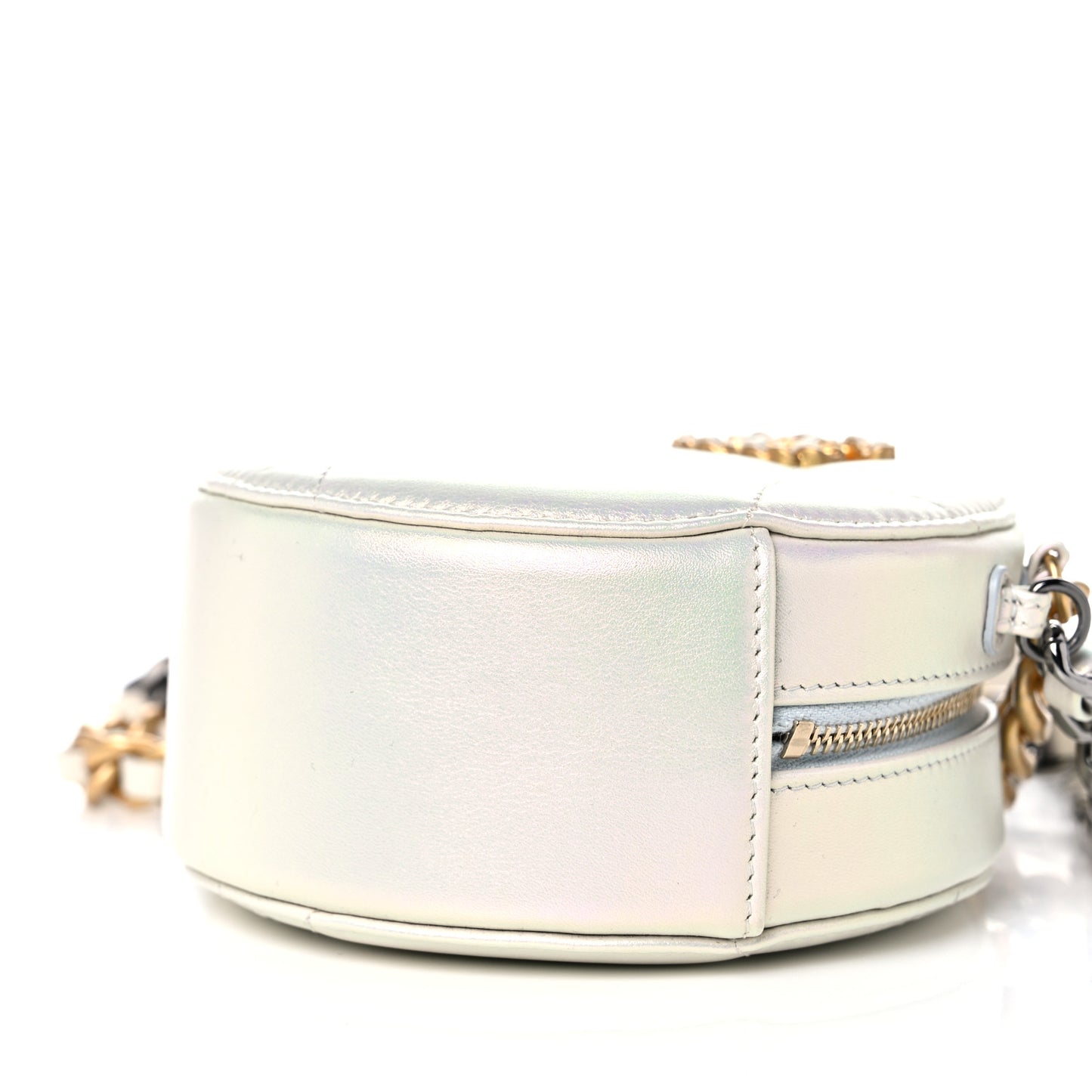 Iridescent Calfskin Quilted Chanel 19 Round Clutch With Chain White