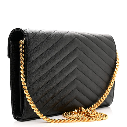 Saint Laurent Grain De Poudre Matelasse Chevron Monogram Chain Wallet Black 3 of 9