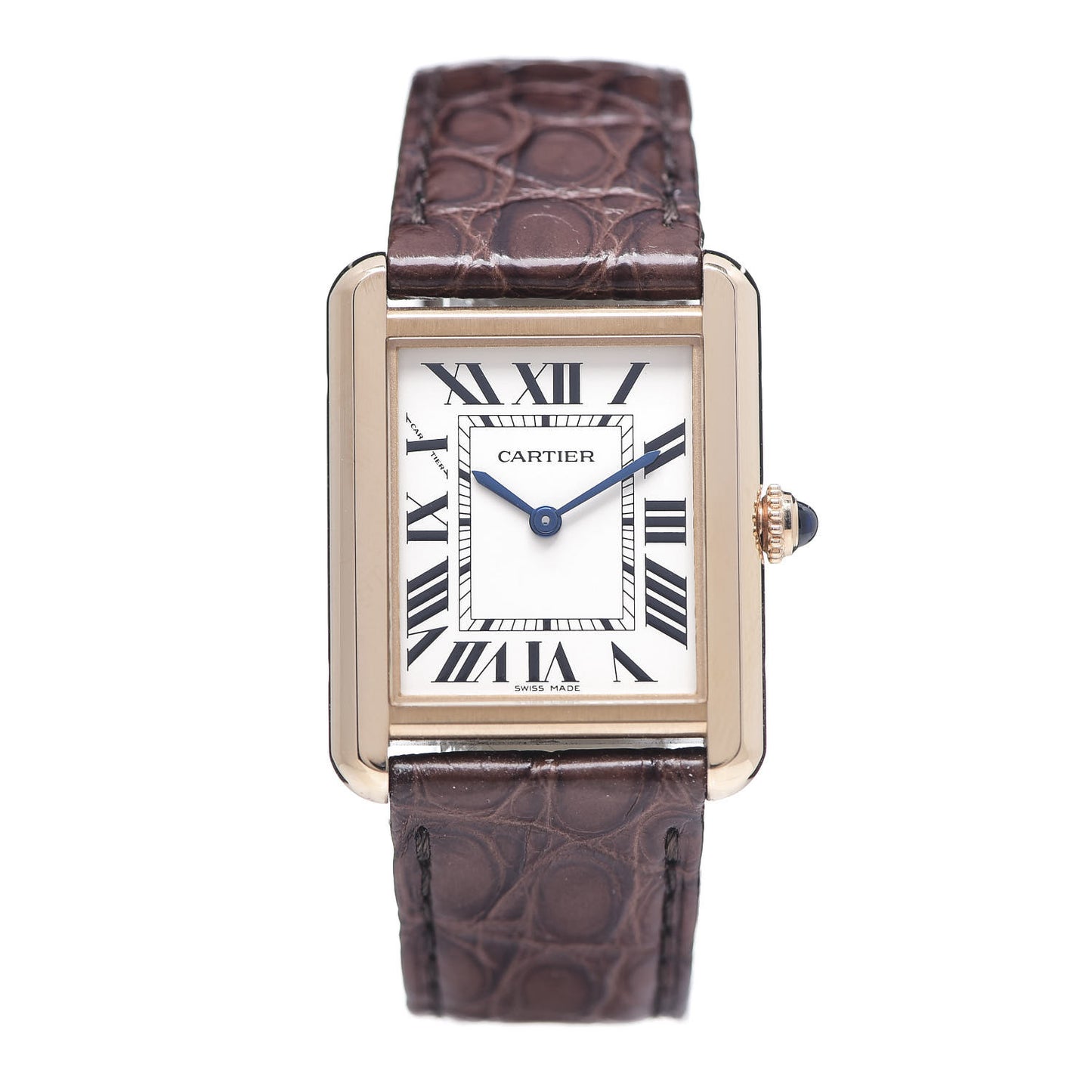 Stainless Steel 18K Pink Gold Alligator 24mm Tank Solo Quartz Watch Brown