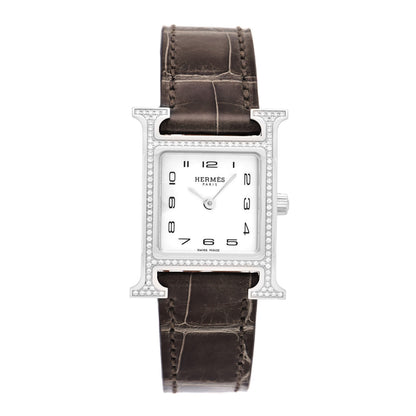 Hermes Stainless Steel Alligator Diamond Bezel Mother of Pearl 21mm Heure H Hour Quartz Watch Gris Elephant 1 of 5