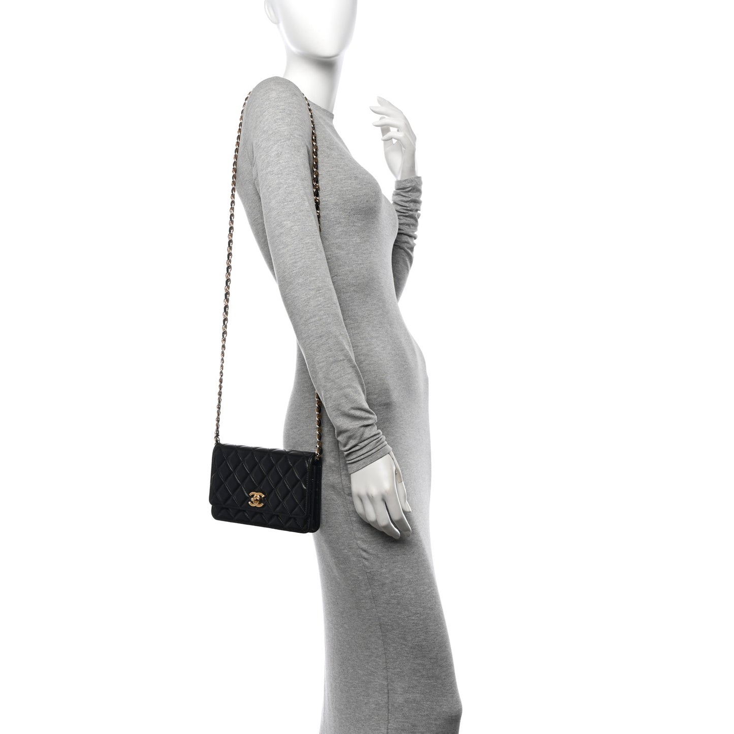 Shiny Lambskin Quilted Golden Links Wallet On Chain WOC Black