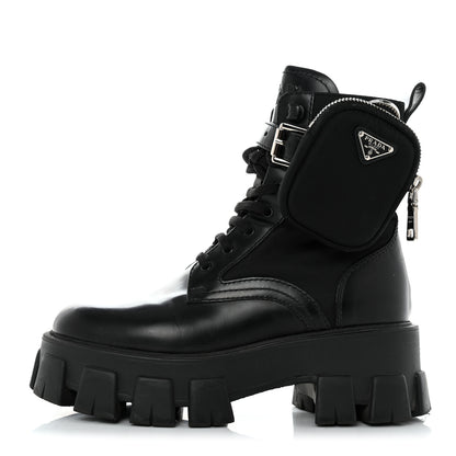 Prada Spazzolato Rois Nylon Metal Triangle Logo Monolith Pouch Pocket 55mm Boots 36 Black 1 of 8