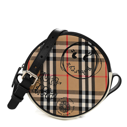 Burberry Vintage Check Calfskin Cartoon Print Round Bag Black White 1 of 10
