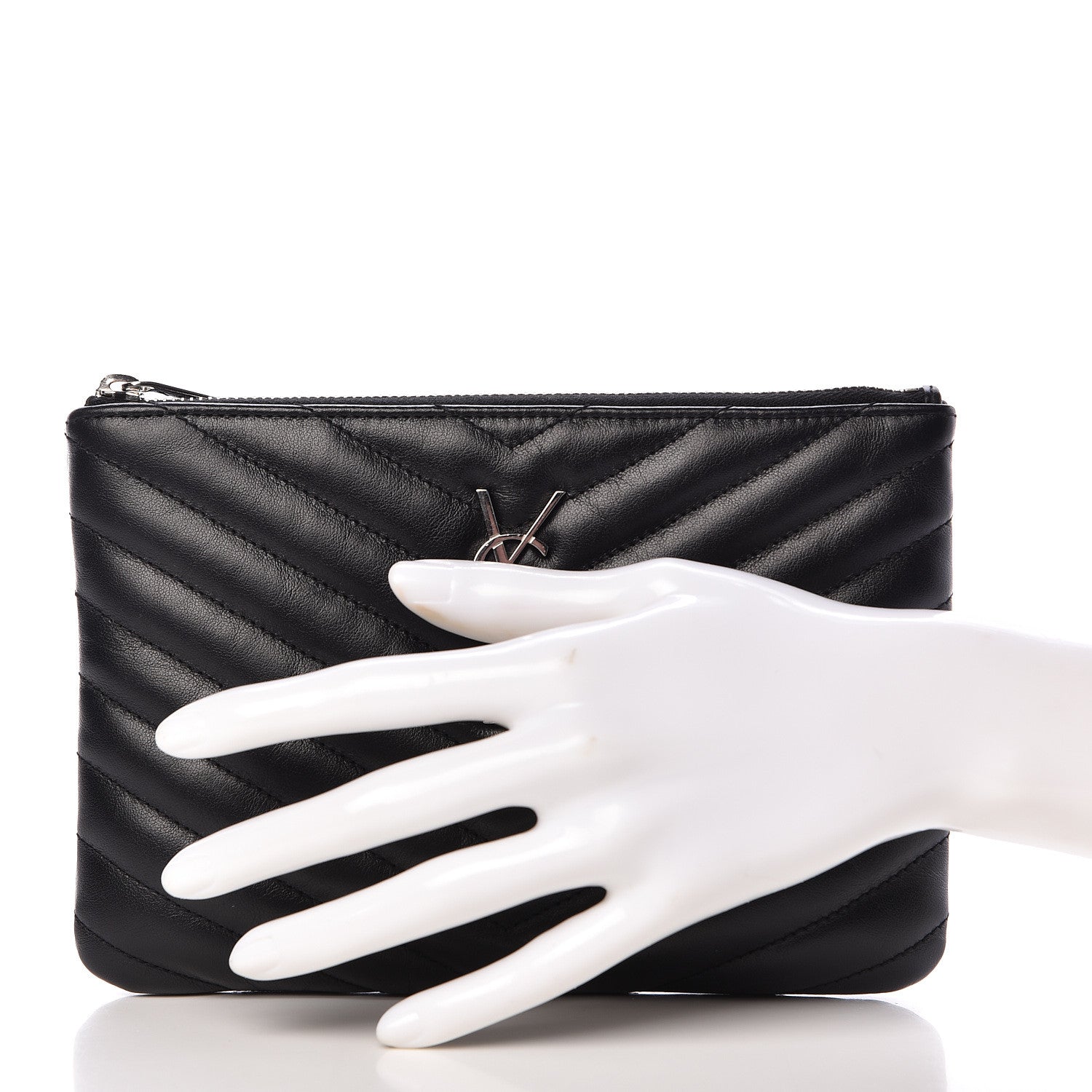 Saint Laurent Calfskin Matelasse Chevron Monogram Pouch Black 2 of 9