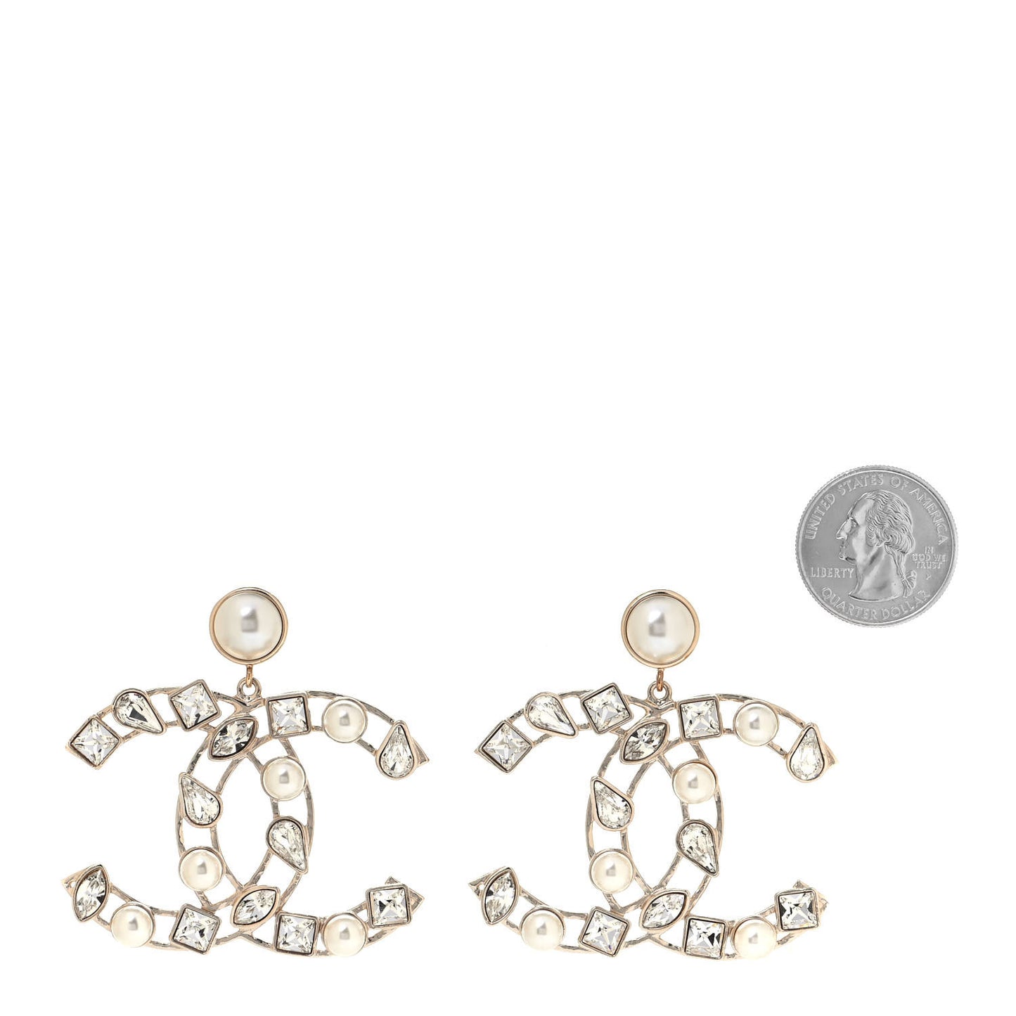 Metal Glass Pearl CC Crystal Snowfall CC Drop Earrings Light Gold